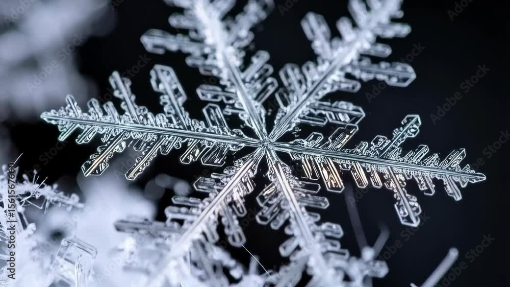 Poster close-up of a complex, intricate ice crystal snowflake with a symmetrical pattern resting on other s