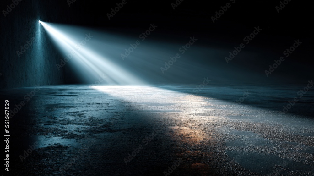 Poster mysterious dark room with focused beam of light creating dramatic shadows and reflection.