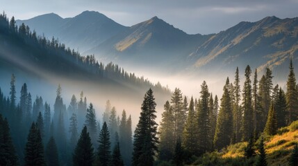 Obraz premium Breathtaking panoramic mountain landscape with dense forest and misty valleys.