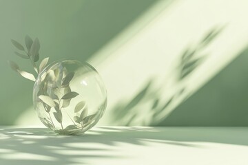 Softly animated 3D scene with plant shadows and translucent sphere over green base