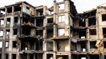 Destroyed multi-story building after conflict, with broken facade and rubble, showing impact of war and devastation.