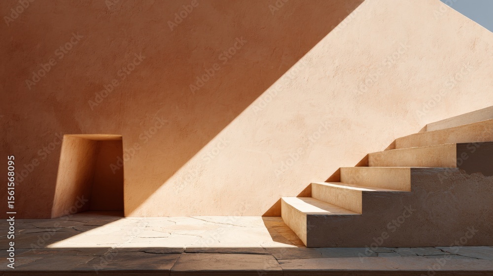 Poster minimalist modern architectural structure with stairs and curved ceiling design.