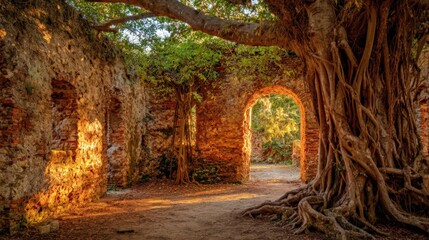 Obraz premium Ancient ruins overgrown with vibrant green trees and sprawling roots in sunny outdoor setting.