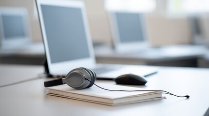 Modern computer workstation with headphones and notebooks in a bright office setting.