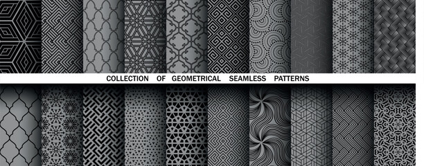 Geometric set of seamless black and gray patterns. Simple vector graphics