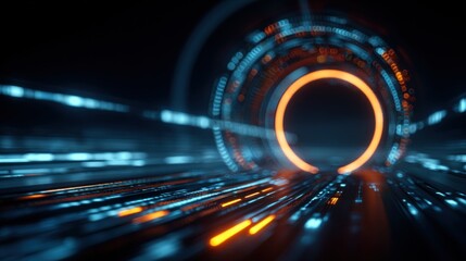 Futuristic digital tunnel with glowing neon lights and high-tech interface design.