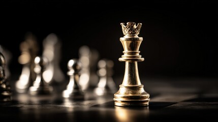 Tall gold king chess piece standing prominently with blurred chess pieces in background.