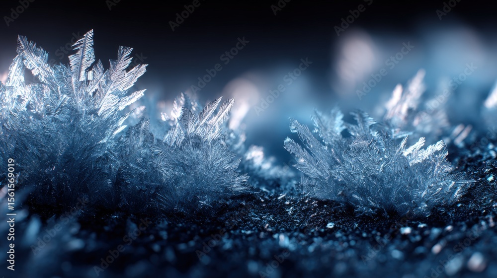 Poster close-up of intricate frost crystals on cold winter surface with sparkling icy patterns.