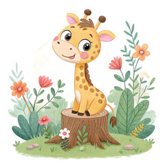 Adorable giraffe watercolor illustration sitting on a tree stump surrounded by flowers and greenery against a transparent background.