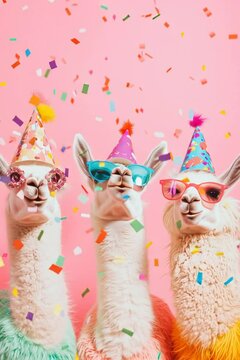 Footage of Happy Llamas Wearing Party Hats with Falling Confetti