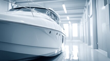 Modern luxurious yacht docked indoors in a sleek bright marina or storage facility.