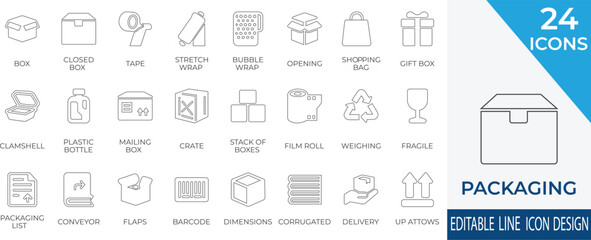 Modern stroke-style packaging  icon set featuring boxes, wraps, containers, and logistics symbols. Perfect for e-commerce, shipping, warehouse, and delivery-themed visuals.