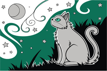 Whimsical gray cat gazing at a crescent moon and stars at night