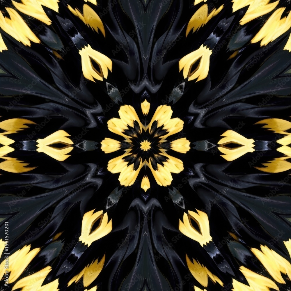 Poster abstract symmetrical pattern with black and yellow feathers creating a kaleidoscope effect and intri