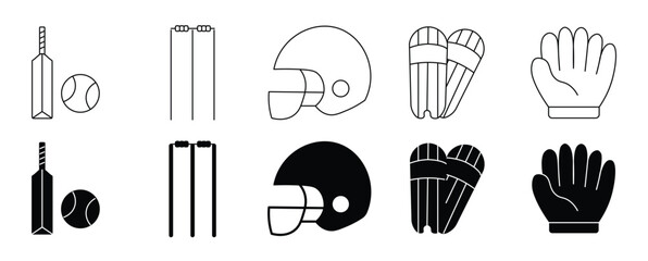 Cricket icons. Cricket related icon set. Ball, Bat, gloves, best man, helmet, wicket. bat and ball icon set line and isolated on white background
