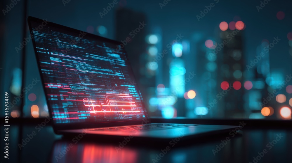 Poster modern laptop screen displaying data and code with city nightlights in background.