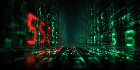 Futuristic digital data stream with glowing red numbers and dynamic green matrix background.