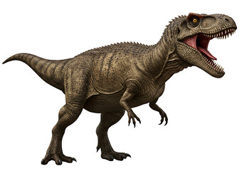 A dinosaur stands with its mouth open