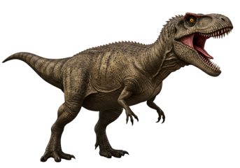 A dinosaur stands with its mouth open