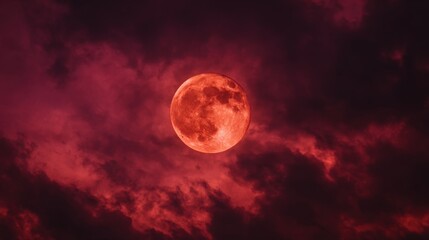 Fototapeta premium Bright Full Blood Moon at Night Illuminates Crimson Clouds and Dark Sky.