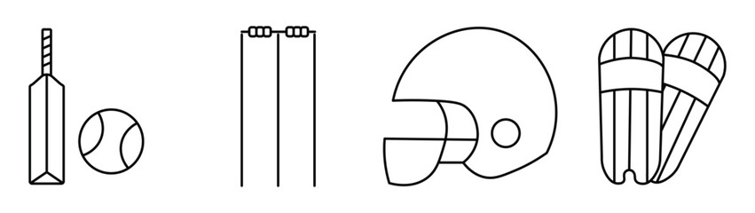 Cricket icons. Cricket related icon set. Ball, Bat, gloves, best man, helmet, wicket. bat and ball icon set line and isolated on white background
