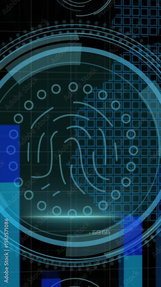 Poster animation of data protection and fingerprint in circle over graph on black background