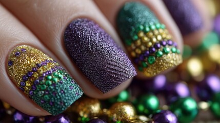 Mardi Gras nails with purple, green, and gold bead designs on a blurred festive party background