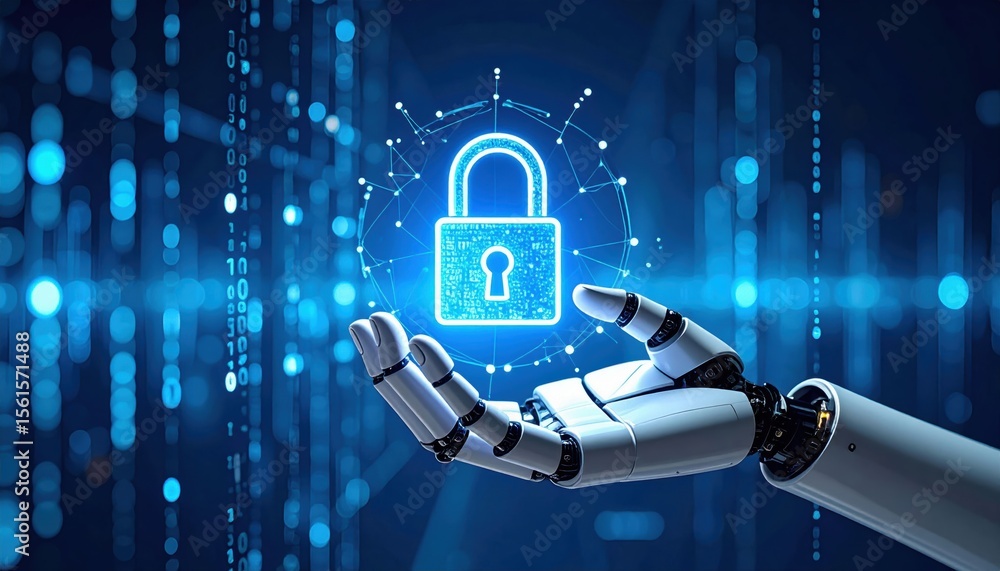 Poster a robotic hand holding a glowing digital padlock symbolizing cybersecurity and data protection in a 