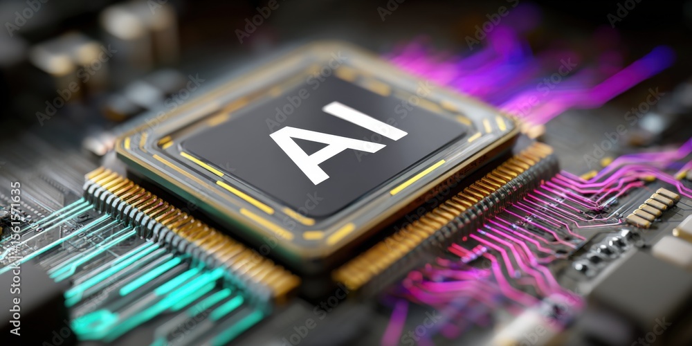 Poster close-up of artificial intelligence ai chip on computer motherboard with colorful electronic circuit