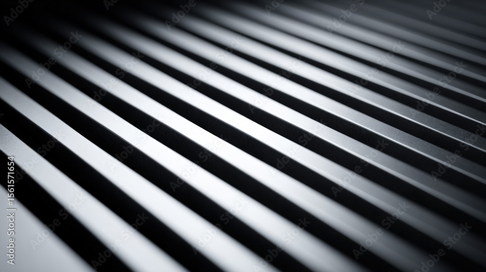 Poster close up of metal slats with shadows and light creating an abstract geometric pattern.