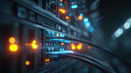 High tech server room with glowing data hardware and illuminated network cables.