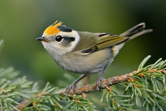 Bird watching golden-crested kinglet in nature close-up photography forest environment vibrant colors