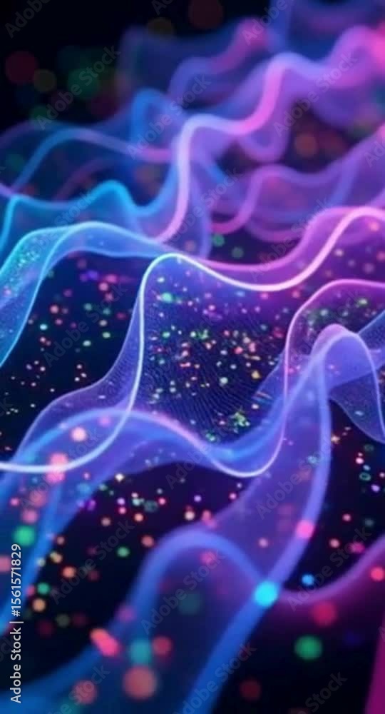 Poster abstract glowing waves with colorful particles on dark background for technology concepts