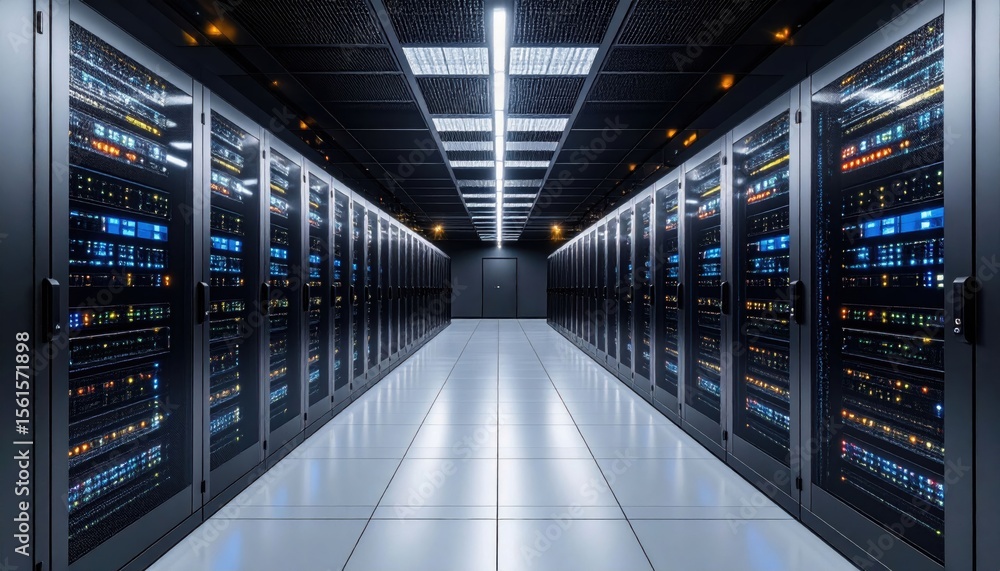 Poster a modern data center hallway with rows of server racks illuminated by ceiling lights.