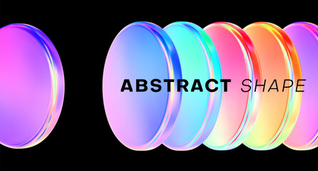 Colorful hologram discs. 3d glass abstract gradient form on black background. Futuristic design tech element. Render vector illustration