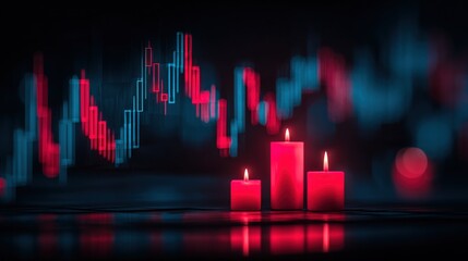 Vibrant red candles with abstract financial stock market chart background in dark setting.