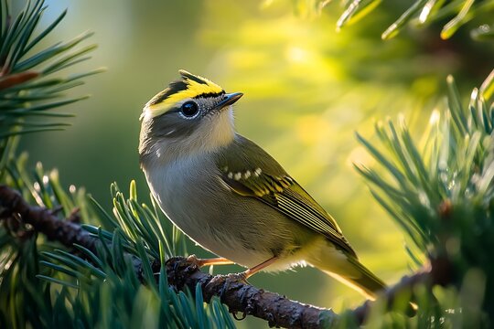 Golden-crowned kinglet bird in evergreen forest wildlife photography natural habitat close-up view avian beauty