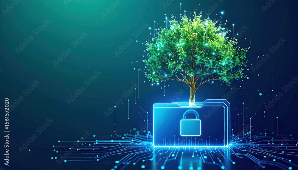 Poster a glowing digital folder with a lock icon supports a bright tree, symbolizing secure data growth and