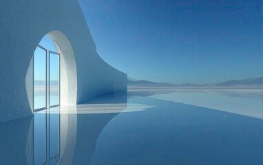 Fototapeta premium 3D render of an abstract futuristic background with a blue sky and mirror reflections, curved shapes, and two large glass doors on the left side leading to the horizon. The background is minimalistic 