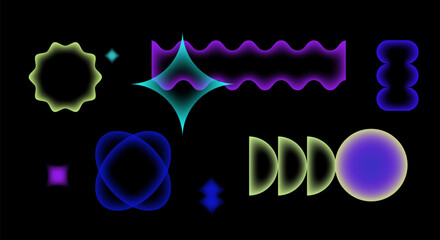 Abstract y2k blur gradient shape. Retro geometric frames. Star, flower, borders wavy edges. Scallop gradient line frames with transparent middle for y2k stickers, retro graphic. Vector illustration