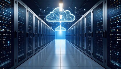 A futuristic data center with server racks and glowing cloud icons representing cloud computing and data connectivity.