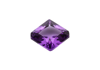 A faceted purple amethyst gem against a solid black background
