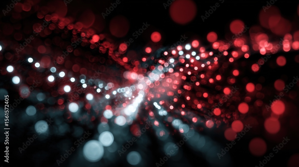 Poster Vibrant abstract background with glowing red and white bokeh light particles and flowing bokeh streams.