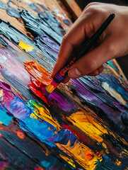 Fototapeta premium Painter picking up orange oil paint with brush from palette