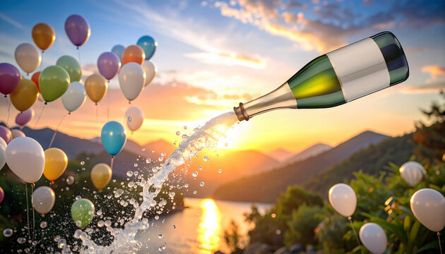 Champagne Bottle Spraying at Sunset with Colorful Balloons