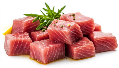 Tuna pieces with oil drops isolated on white background