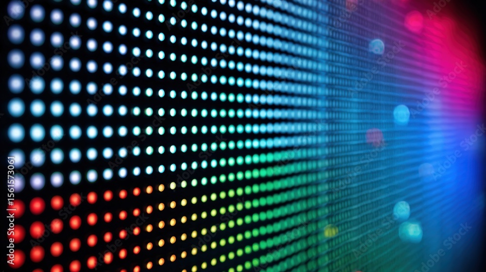 Poster vibrant light display of colorful led grid with bright digital dots and bokeh effect.