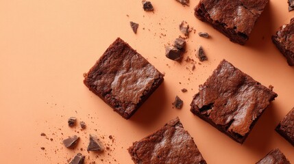 Close-up of freshly baked chocolate brownies with crumbled pieces on pastel background.