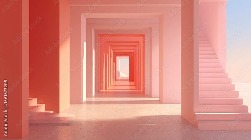 Poster long pink corridor with sequential arches and stairs creating depth and perspective.