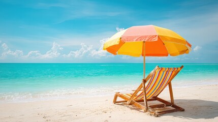 Tropical beach scene with colorful umbrella and striped lounge chair by the ocean under blue sky.